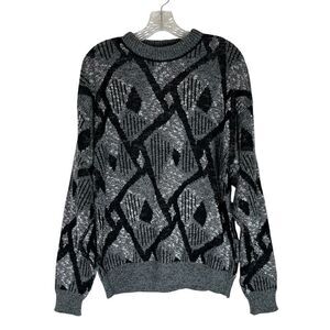 Le Tigre Vintage 90s Sweater Black Gray Abstract Geometric Grandpa Crewneck XL